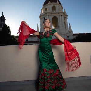 Elegant Green and Red Floral Dress